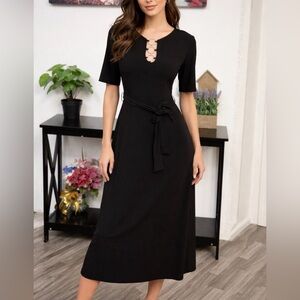 MSK Womens Short Sleeve Midi Fit + Flare Black Dress Small Keyhole Neck Pullover
